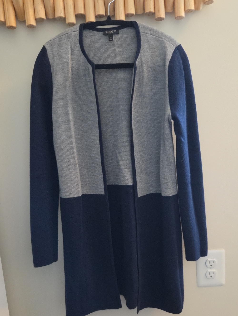 Talbots Navy and Gray Colorblock Wool-Blend Long Cardigan